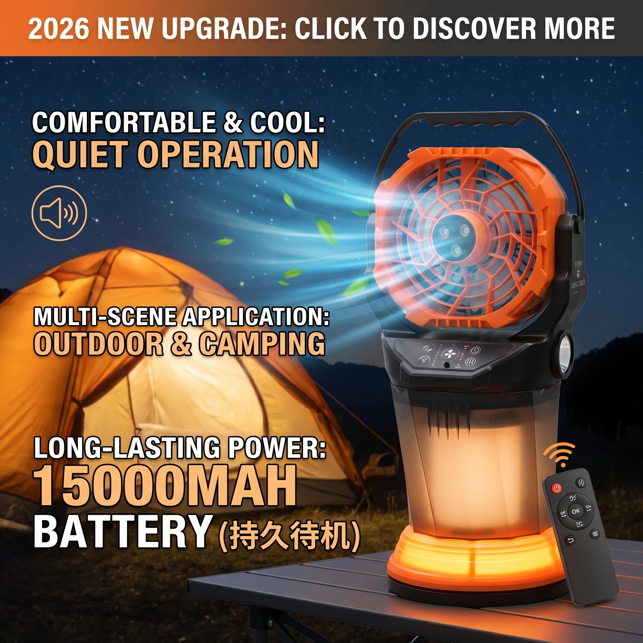 2026 New Upgrade Portable Battery-Powered Fan 15,000 MAh With Spray Mist, LED Light, 3 Air Outlets, USB, For Camping, Black