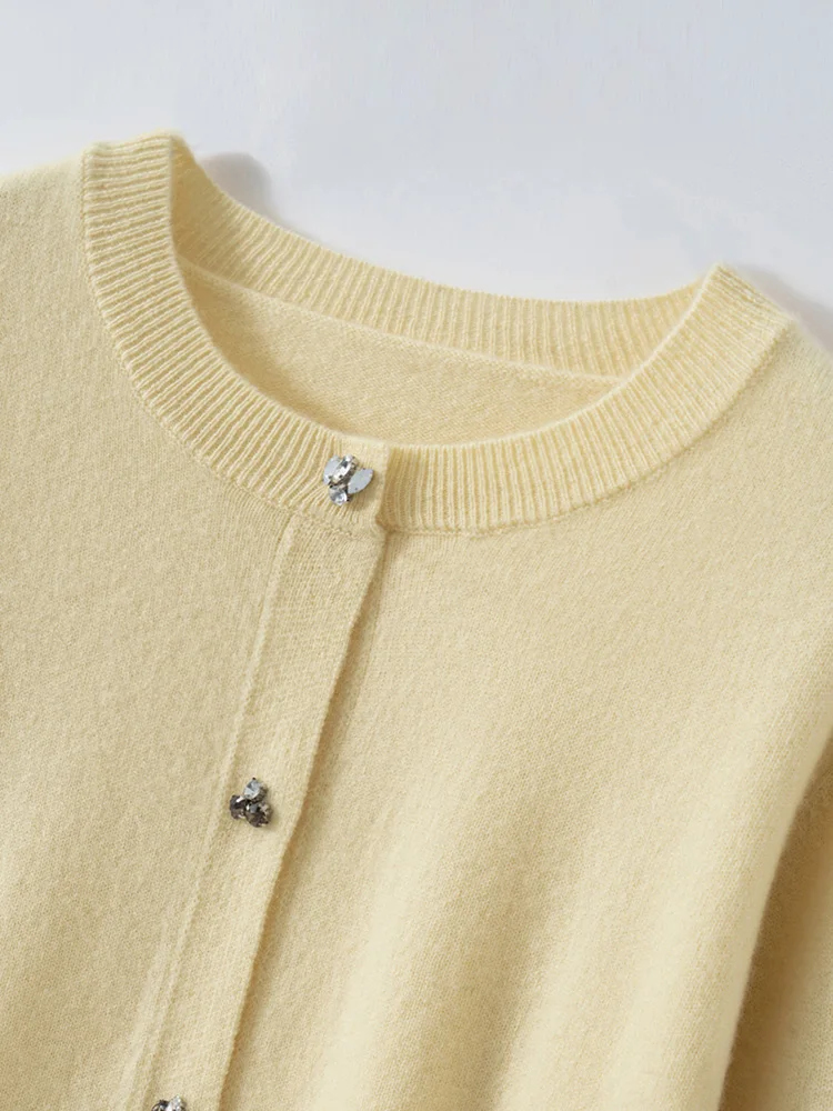 

MEETCC Women's 100% Cashmere Diamonded Buttons O Neck Cardigan Sweater Light Luxury High Quality Long Sleeve Knitwear Chic Tops