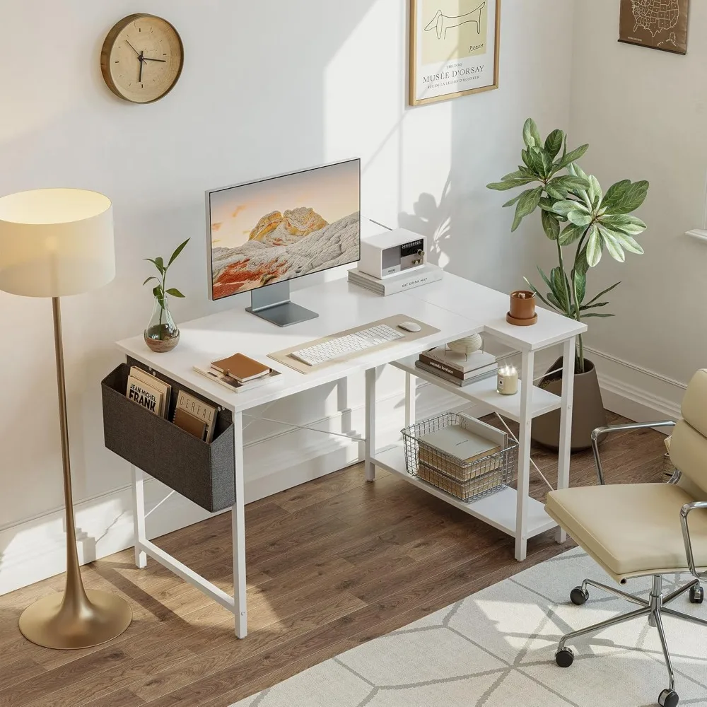 40" L-Shaped Computer Desk with Reversible Storage Shelves, Home Office Corner Desk for Study and Gaming in Pure White