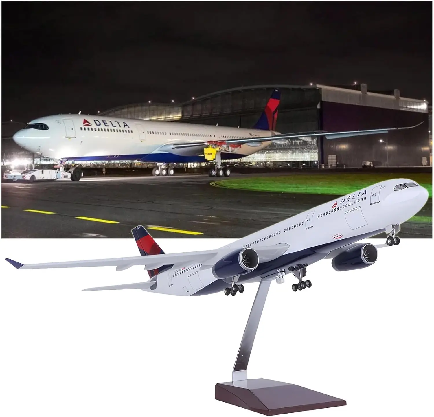 เครื่องบินของเล่นจำลอง Delta Airlines A330 ขนาด 1:135 ทำจากเรซิ่น ความยาว 47 ซม. พร้อมไฟ LED และฐานตั้ง ของเล่นเสริมพัฒนาการและงานอดิเรก