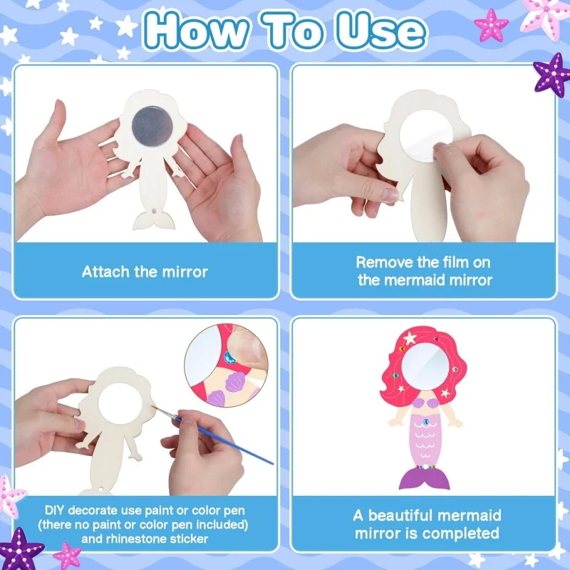 12PCS Mermaid Wooden Mirror Handheld Handmade Round Love Mermaid Mirror Kids DIY Material Accessories Home Decoration view 2