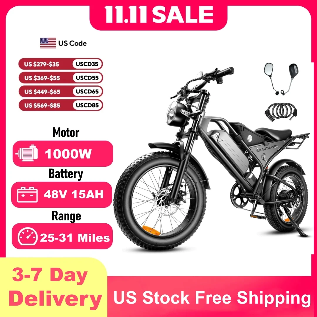 

Электрический велосипед 48 В, 1000 Вт, 28 миль в час, 24 миля, 15 Ач, съемный аккумулятор, 3 режима, электрический велосипед, 20 дюймов, с толстыми шинами, горный внедорожный электронный велосипед