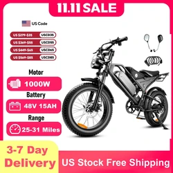 48V 1000W 28mph Electric Bicycle 24miles 15ah Removable Battery 3 modes Electric Bike 20 inch Fat Tire Mountain Off-road E-bike