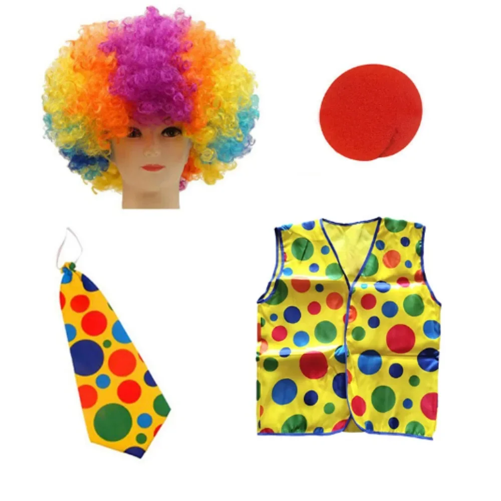Accessoires de costume de clown, perruque, gilet, cravate, nez de clown, etc. conviennent aux costumes de fête du parc d'attractions