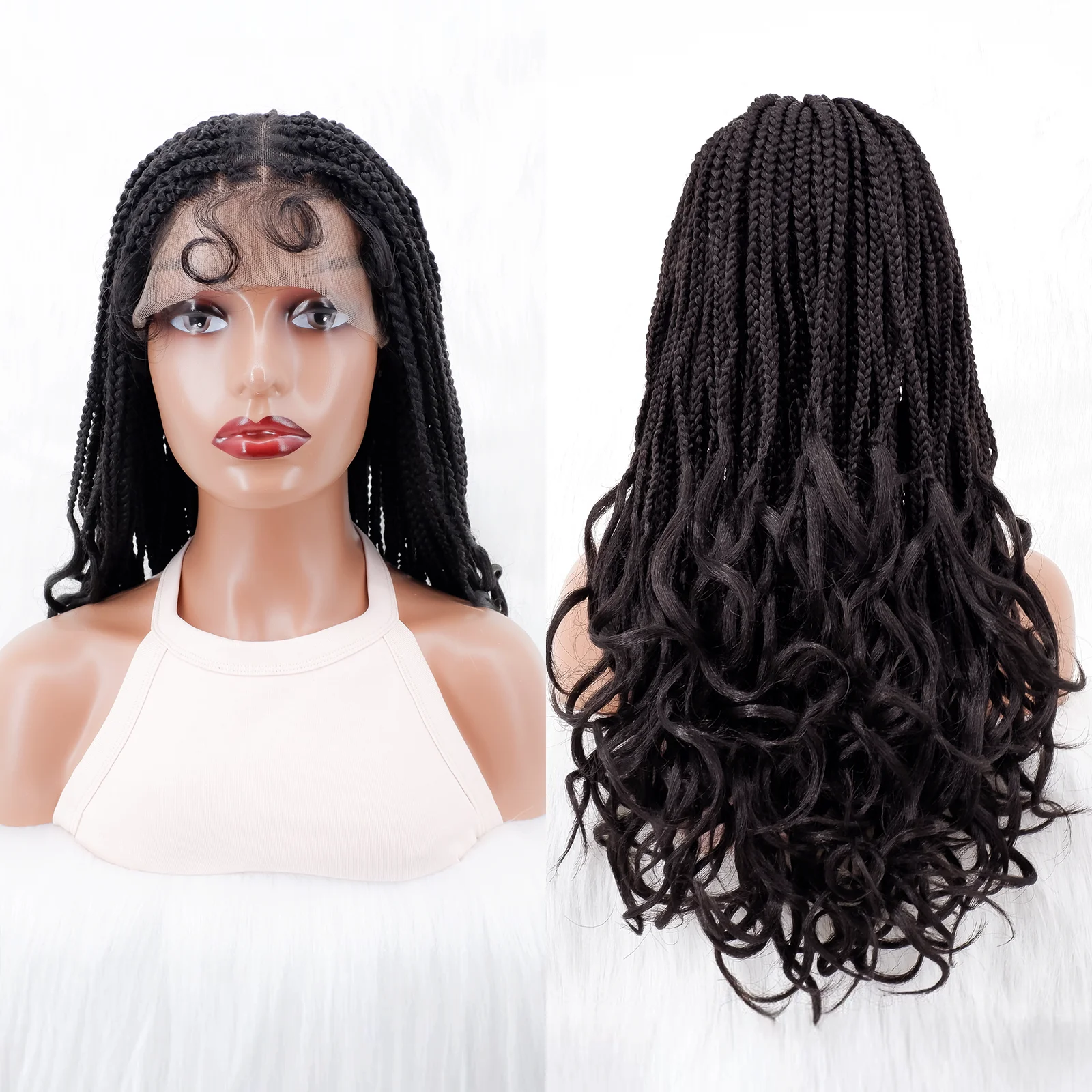 

Full Lace Braided Wigs Synthetic Knotless Box Braids Wig with Baby 100% Hair Hand-tied Boho Lace Wig with Curly Ends for Women