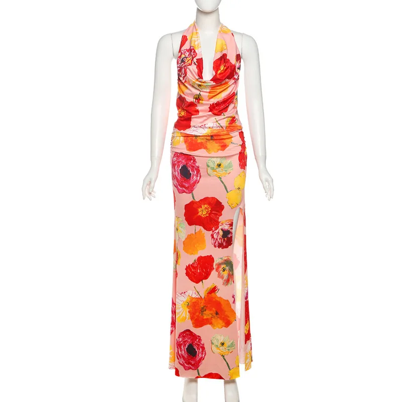 2025 novedad de verano, Vestido largo sexi con cuello Halter y estampado Floral para mujer, conjunto de Vestido largo dividido, Vestido elegante para mujer