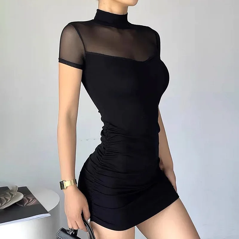 

New Fashion Women Sexy Goth Dark Mock Neck Y2k Bodycon Mini Bodycon Dresses Gothic Women Mesh Patchwork Sheer Party Dress