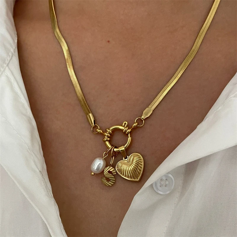 

Ailodo Stainless Steel Heart Initial Letter Necklace For Women Elegant Freshwater Pearl Necklace Simple Fashion Jewelry Gift