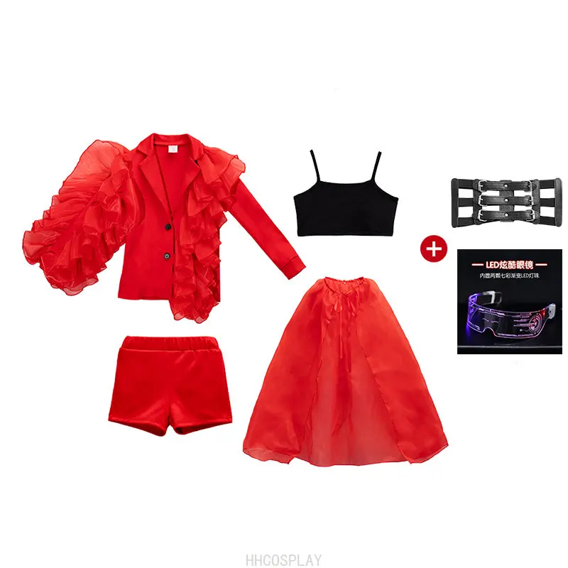 Jazz Hiphop Dancing T-Stage Show Red Tops Skirt Dress Modern Performance Dancer Red Dresses Stage Hip Hop Top Costume