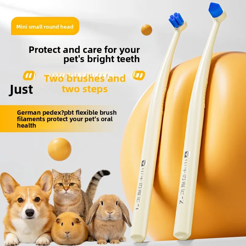 2Pcs Pet Mini Head German Antibacterial Bristle Toothbrush Two Step Oral Care for Cats Dogs Dual Pack Soft Flexible Angle Brush