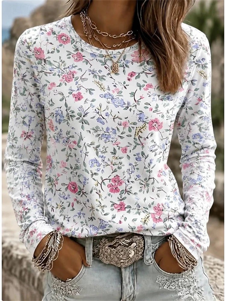 2026 Autumn New Women's Long-Sleeved Round Neck Casual T-Shirt with Colorful Floral Print Plant Elements Outdoor Chic Top