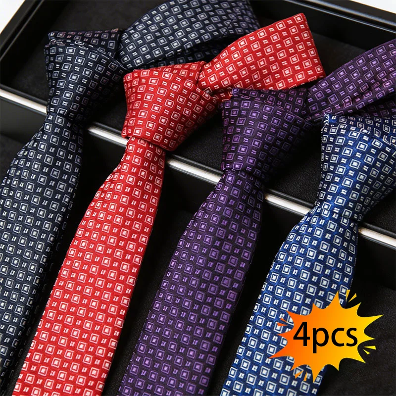conjunto-de-4-gravatas-masculinas-estreitas-de-6cm-236-polegadas-com-xadrez-pequeno-preto-e-vermelho-multicolorido-em-poliester-para-negocios-deslocamento-diario-team-building-e-performance-de-coro