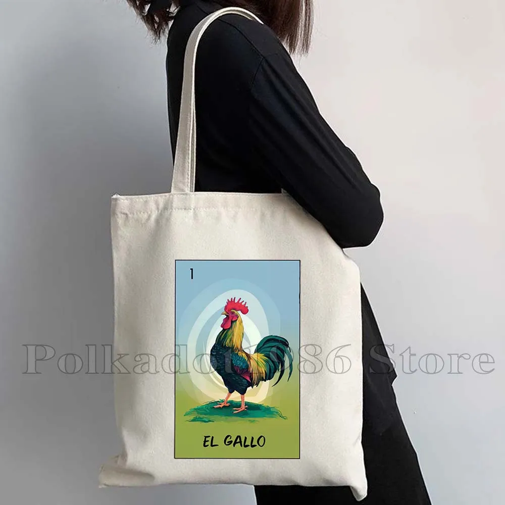 مضحك La Diablita El Gallo ROSA El Catrin المكسيكي لوتريا البنغو بطاقة الفن طباعة قماش حمل حقيبة لطيف الهدايا المتسوق حقيبة يد قطنية #5