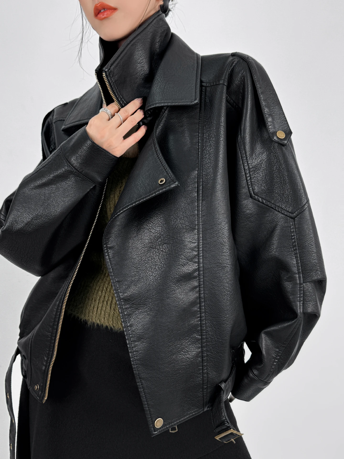 Double Z américain Cool moto col Jaet femmes ample décontracté Bla PU protéine cuir ort manteau Vintage Sle Long Sve