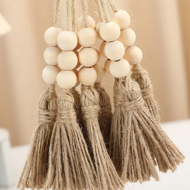 5pcs Jute Tassel with 3 Wood Beads Retro Country Bead String Twine Fringe for DIY Crafts Tassels Home Wedding Party Decor