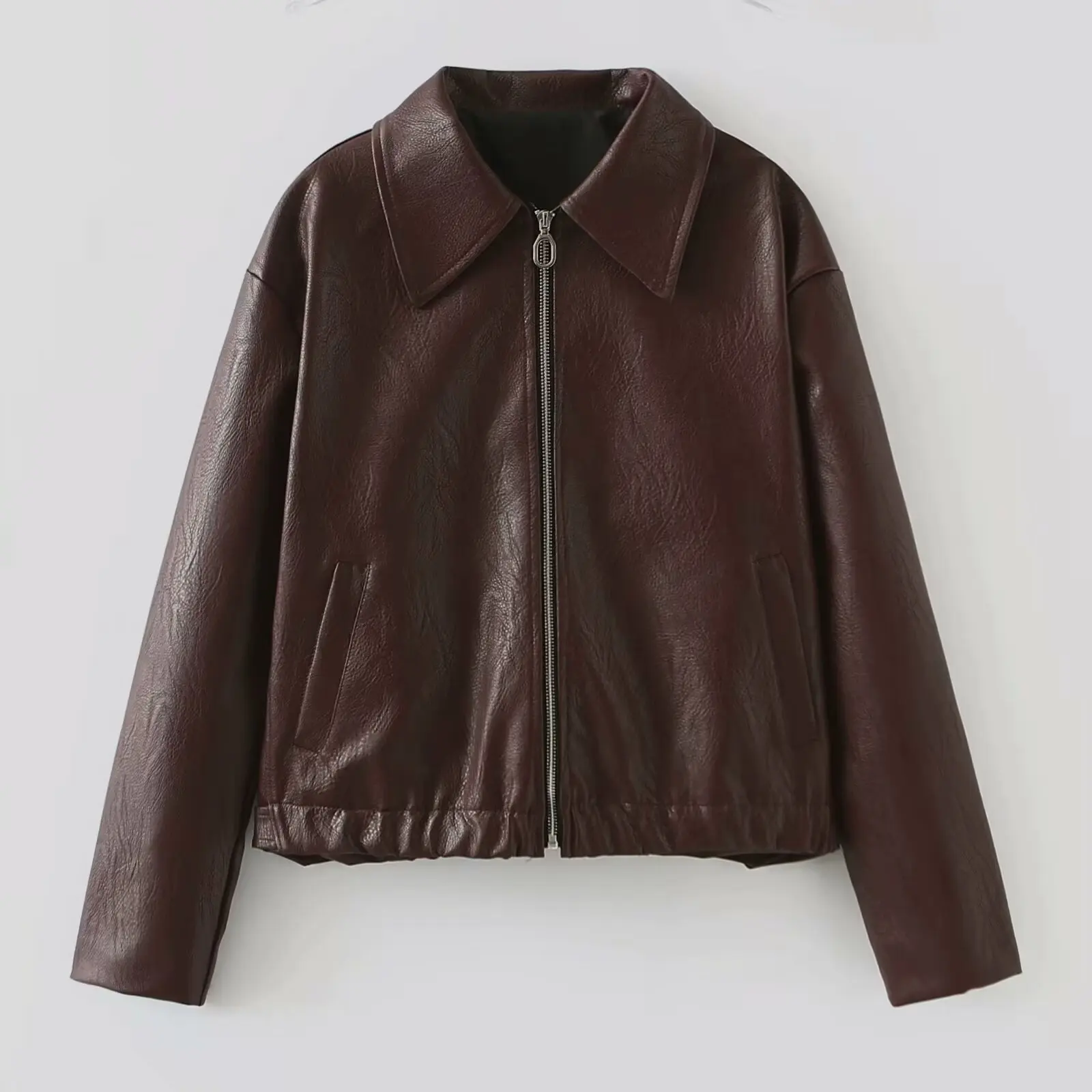 Vintage Solid Lapel Zipper Leather Jacket Women Casual Long Sleeved Short Coat Fall Winter Commuting Street Outerwear Clothes