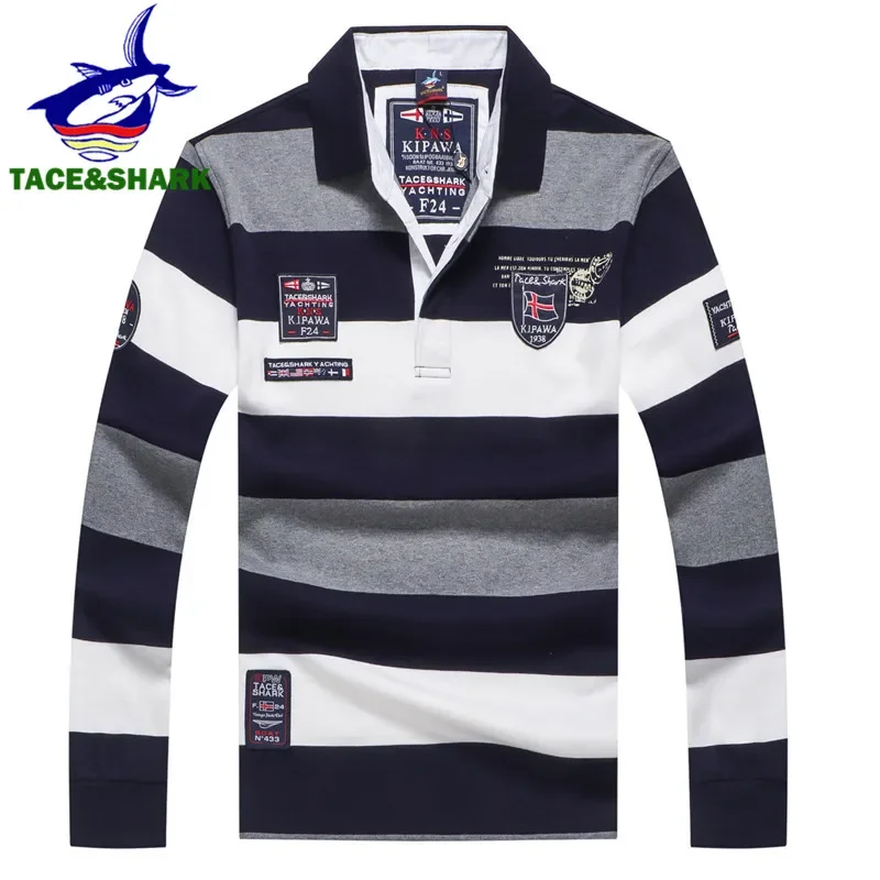 TACE&SHARK Brand 2018 New Style Fashion Shark Long Sleeve Polo Men Stripe Camisa Masculina Polo Clothing Casual Business Homme