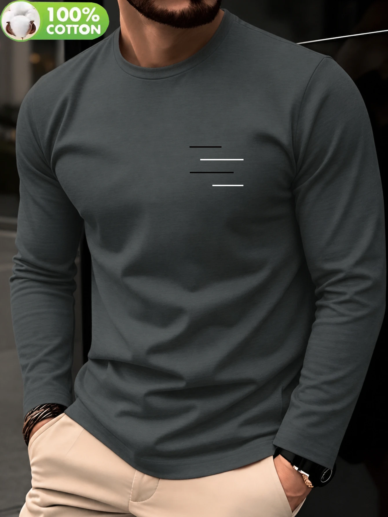 Mens 100 Cotton Thin Long Sleeve T Shirt Spring Trendy Simple Casual Versatile Geometric Line Print Tee For Daily Commute