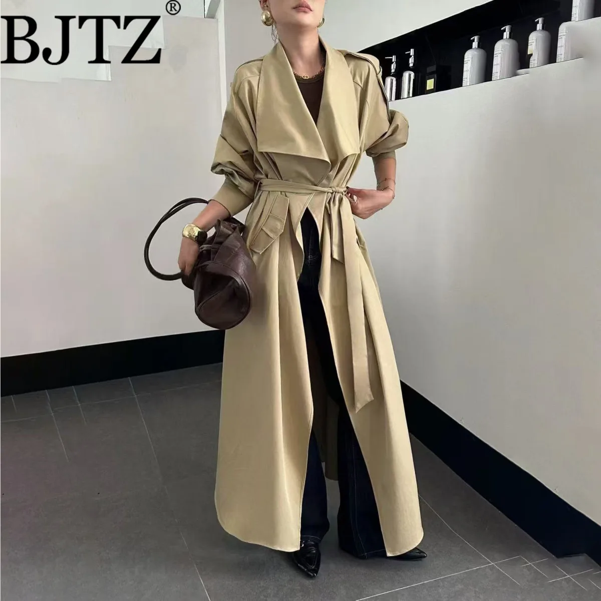 

BJTZ темпераментный офисный женский плащ для женщин, весна-осень 202, новая элегантная женская верхняя одежда на шнуровке с завязками на талии и большими лацканами