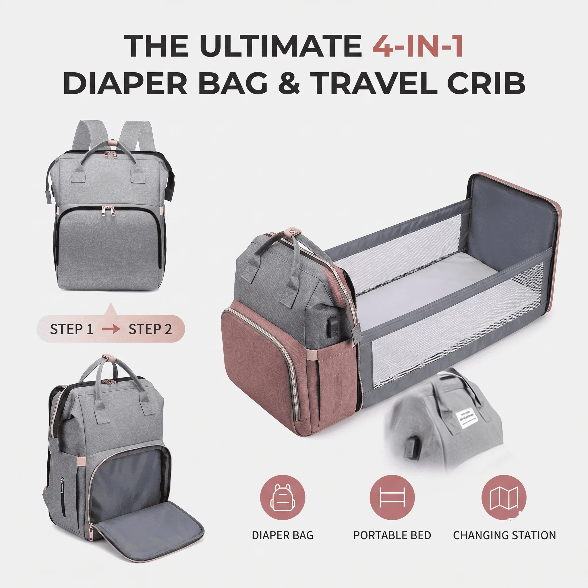 4-in-1 Baby Travel Backpack; Built in USB Port 1
