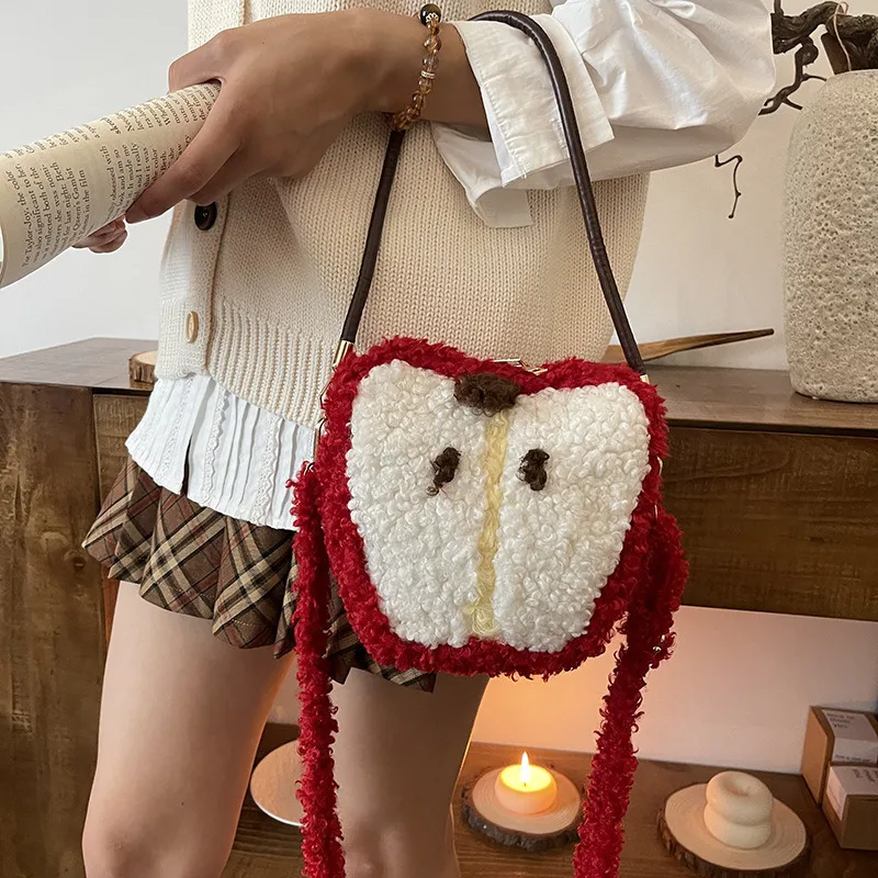 Small and unique Christmas lamb hair apple shaped bag 2024 new autumn and winter cute girl single shoulder handbag crossbody bag