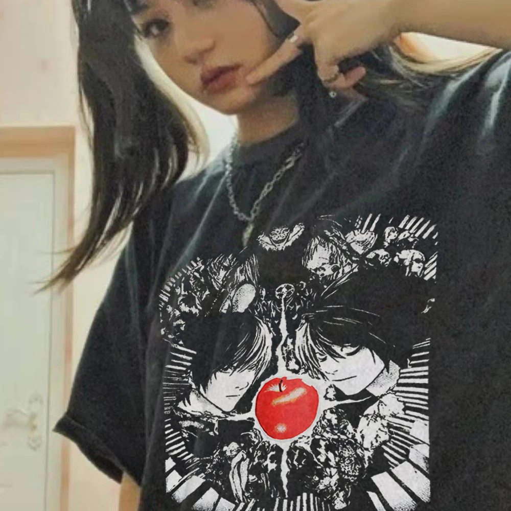 Camiseta divertida de verano para mujer, camisa de Anime Death Note de gran tamaño, estilo Harajuku, Vintage, lavada, ropa de calle, Tops Y2k