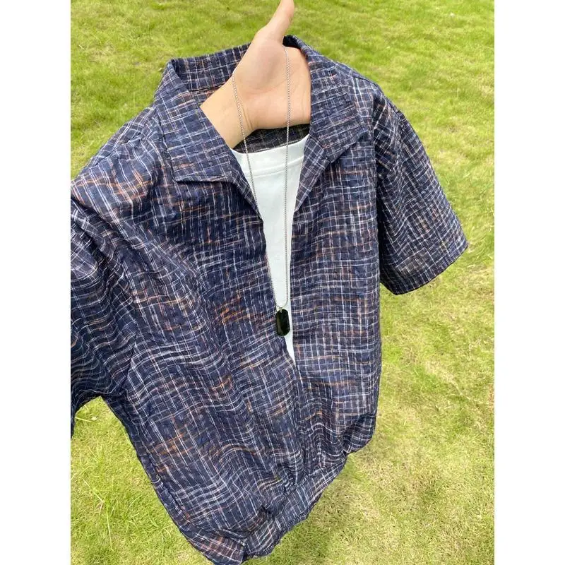 

Lightweight Breathable Blue Plaid Shirt Loose Fit Short Sleeve Unisex Youthful Style Sun Protection Casual Wear Polyester Fiber