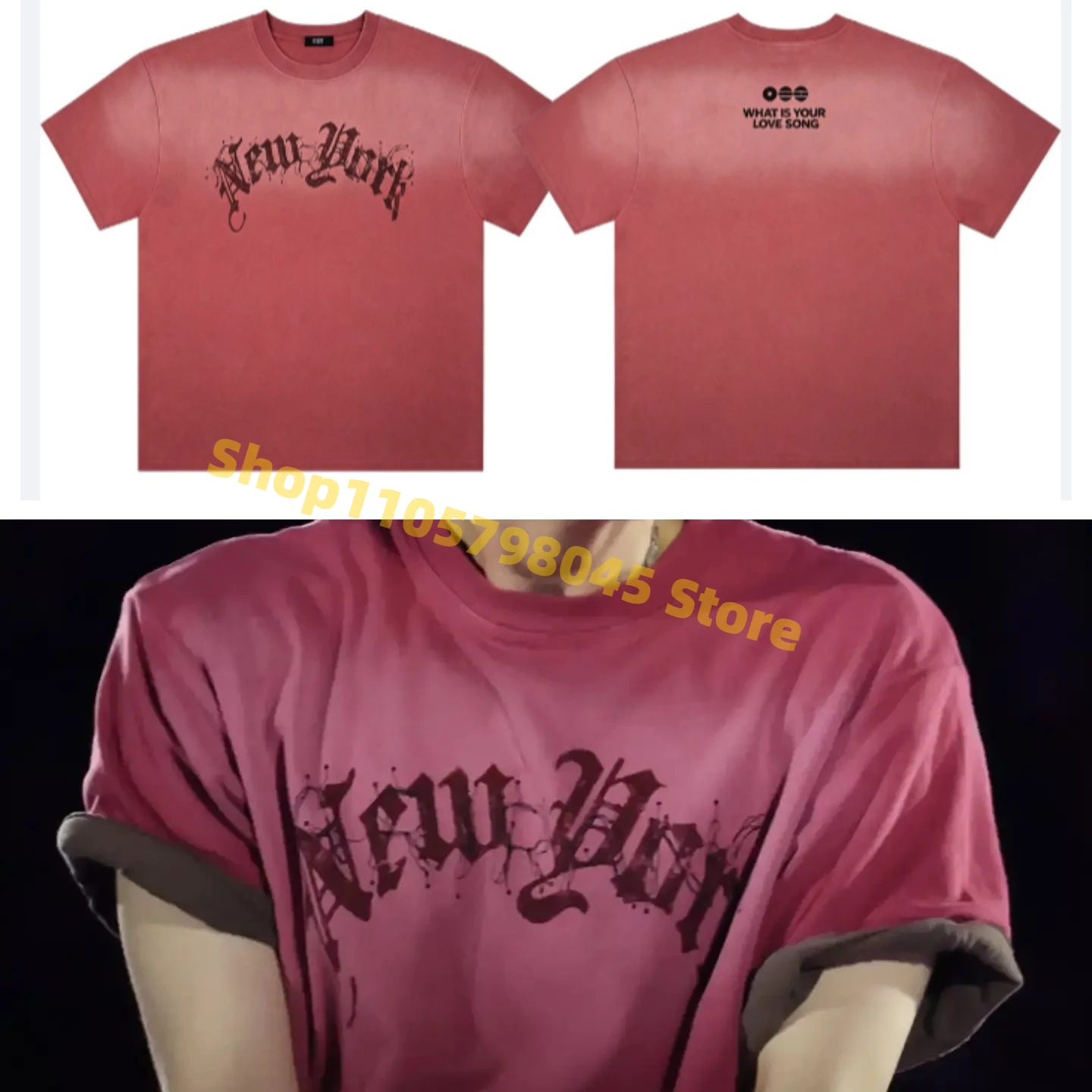 Brick‑Red Washed Short Sleeve T‑Shirt ARIRANG New York Letter Print Vintage Gradient Dye Loose Fit Casual Daily Fan Top