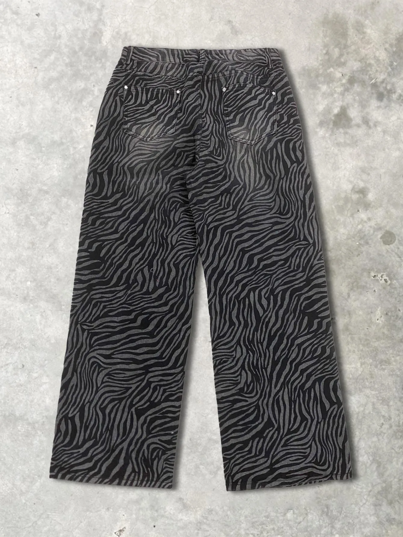 Y2K Subculture Washed Black‑Grey Zebra Print High Waist Wide‑Leg Jeans Retro Street Loose Straight‑Leg Baggy Pants