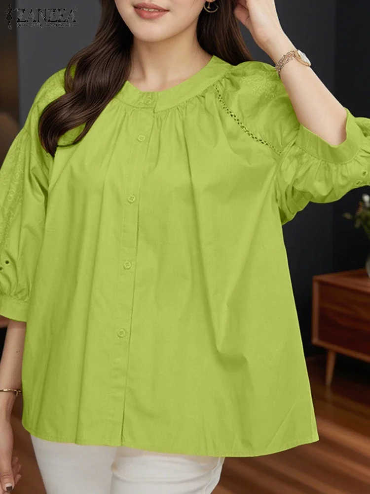 

Vintage Lace Shirts Women Elegant OL Work Tunic Fashion Three Quarter Hollow Out Blusas 2025 ZANZEA Casual Loose O Neck Tops