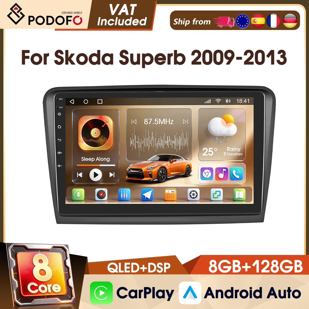Autoradio Podofo 10.1" 4G 8-core 8+128G per Skoda Superb 2009-2013 WIFI GPS DAB Schermo IPS Lettore Multimediale Video per Auto AM FM RDS