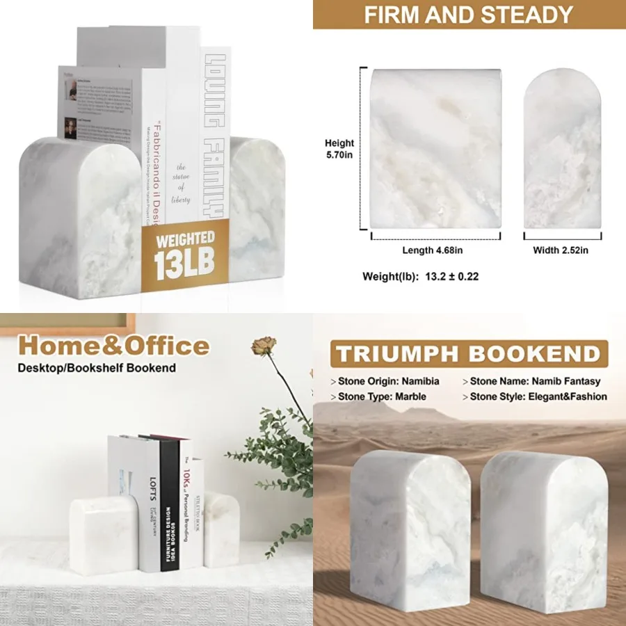 

African Natural Marble Bookends for Shelves, Non-Slip Book Ends, S Ultra Heavy Duty Marble Book Holder Organizer, Apartment Dec
