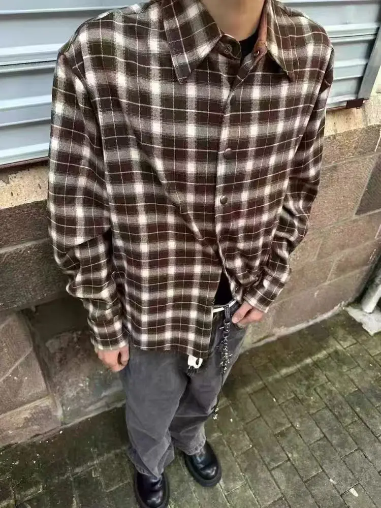 

American Retro Plaid irt Jaet Loose Casual ex Design Sense Trendy Brand Autumn Long Sve Turn-down Collar Top