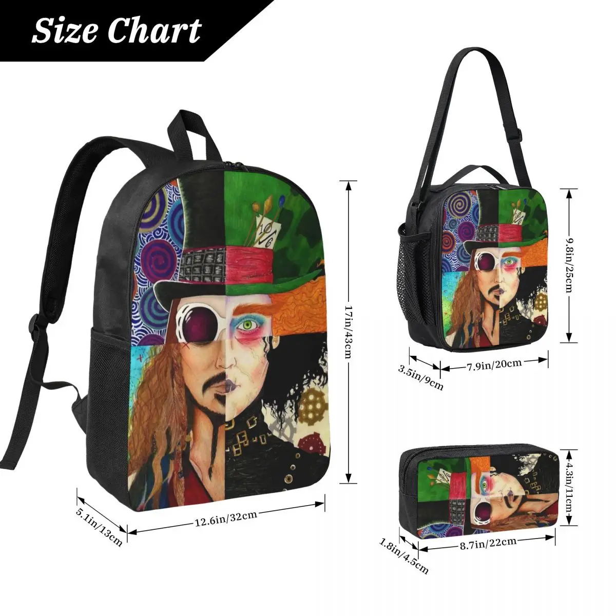 Johnny Depp Character Collage Backpack Boys Girls BookBag School Bag Laptop Shoulder Bags 3ps Insulated Lunch Bag Pencil Case