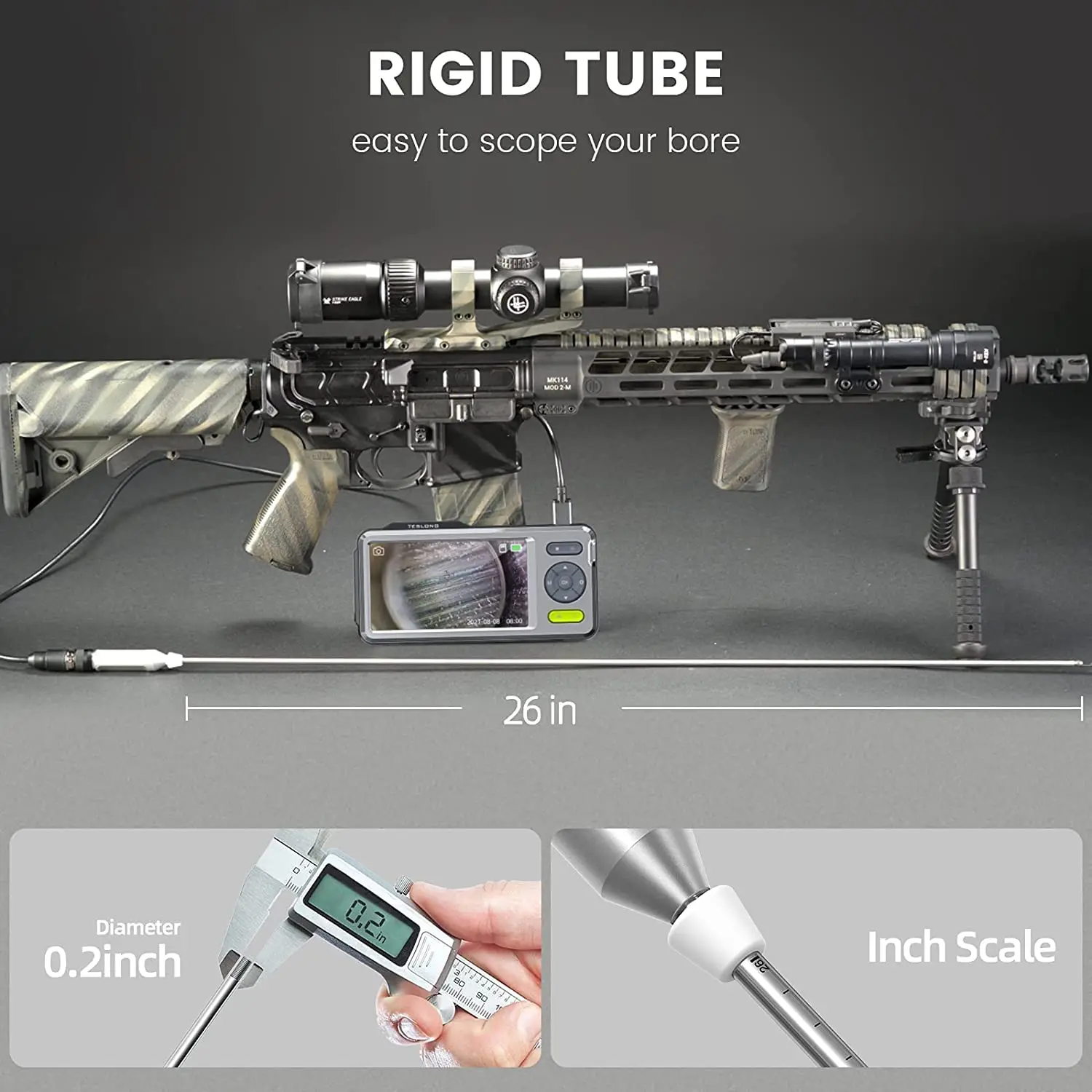 Imagem -06 - Teslong Borescopes Rígida com Monitor Video Inspection Câmera Hunting Bore Cam Cleaning Fits .20 Calibre e Maior 26 Rod