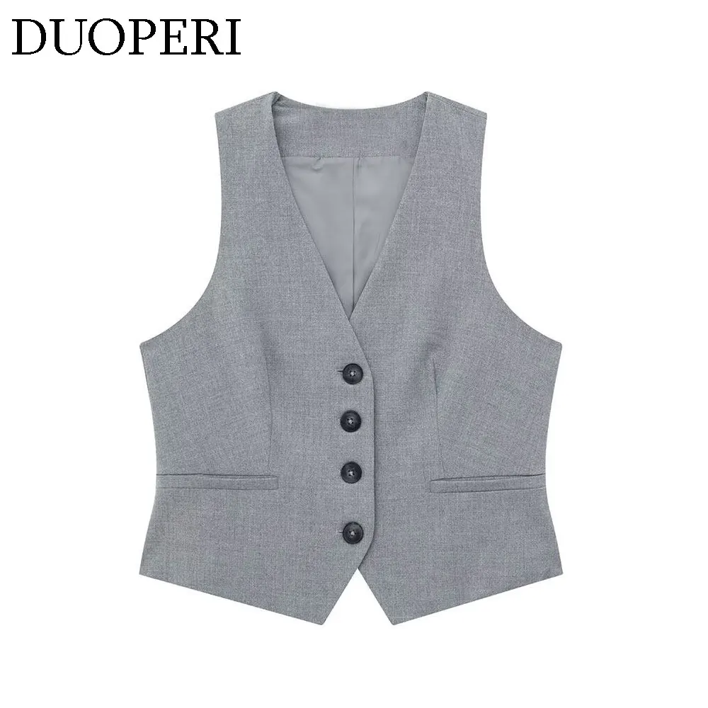 DUOPERI Women Fashion Grey 2 Pieces Sets Vest and High Waist Shorts Female Chic Lady Waistcoat and Shorts Coordinates