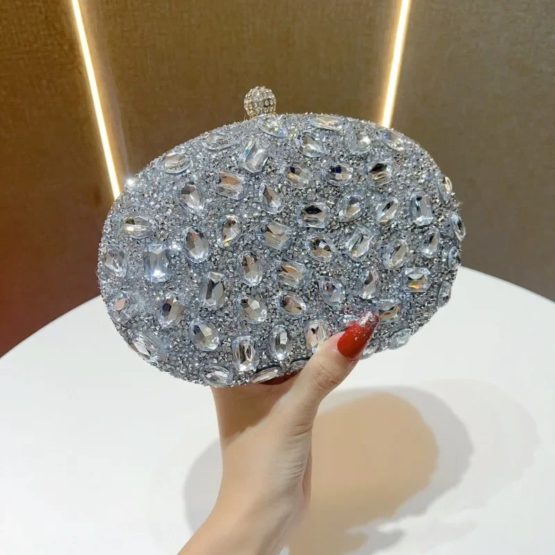

New Diamond Banquet Clutch Fashion Women's Formal Party Round Evening Bag One Side Crystal Purse Single Shoulder Crossbody Bags