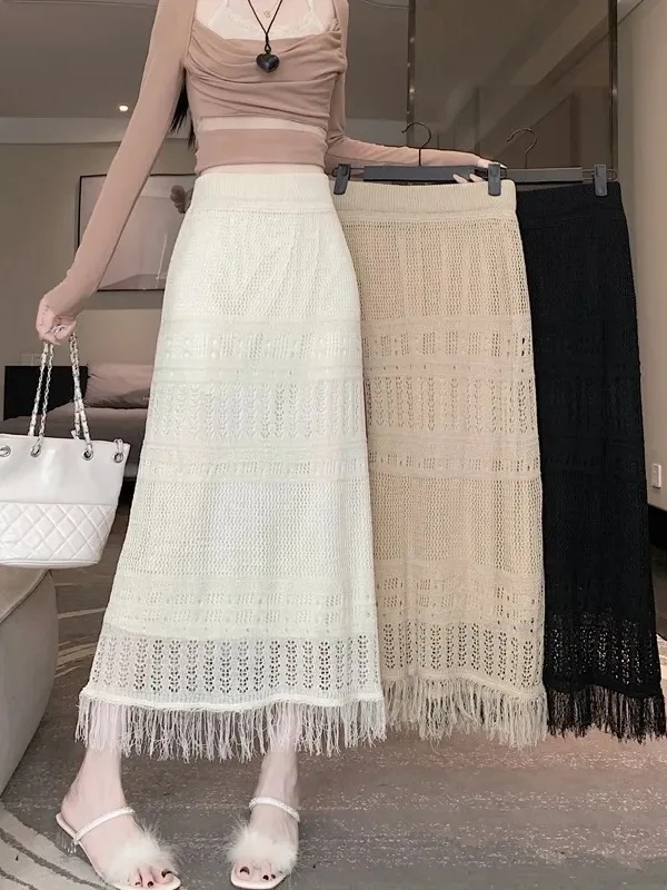 Sexy High Waist Hook Embroidery Half Skirt with Tassel for Women Summer New Style Slimming Long Midi Skirt Bodycon Dress