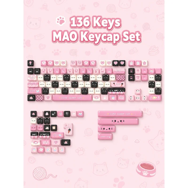Cute Cat Shape PBT Keycaps,Dye-Sub Custom Key Cap Set For MX Switch Mechanical Keyboard 60% 65% 75% 80% 96% 100%