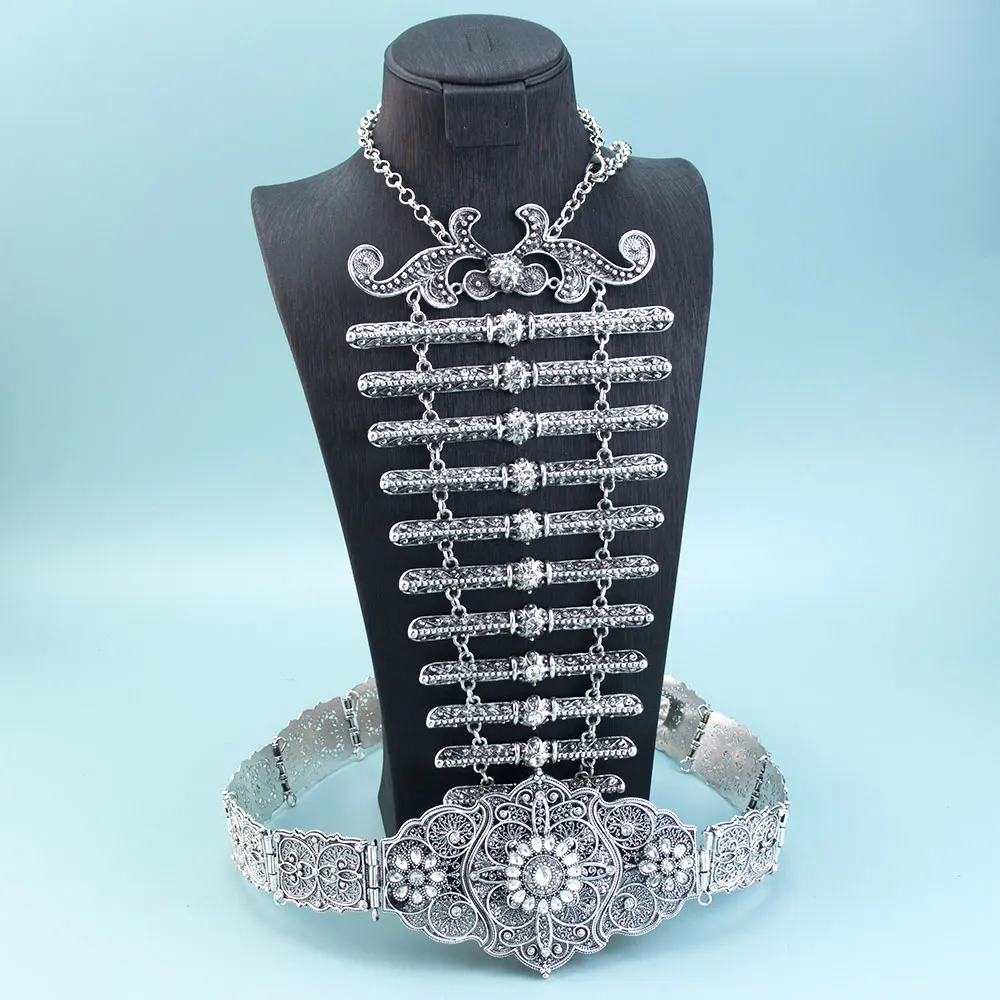 التقليدية Türkiye القوقاز حزام الزفاف مجموعة مجوهرات الزفاف الرقص اكسسوارات خمر المعادن النقش نمط حزام قلادة #5
