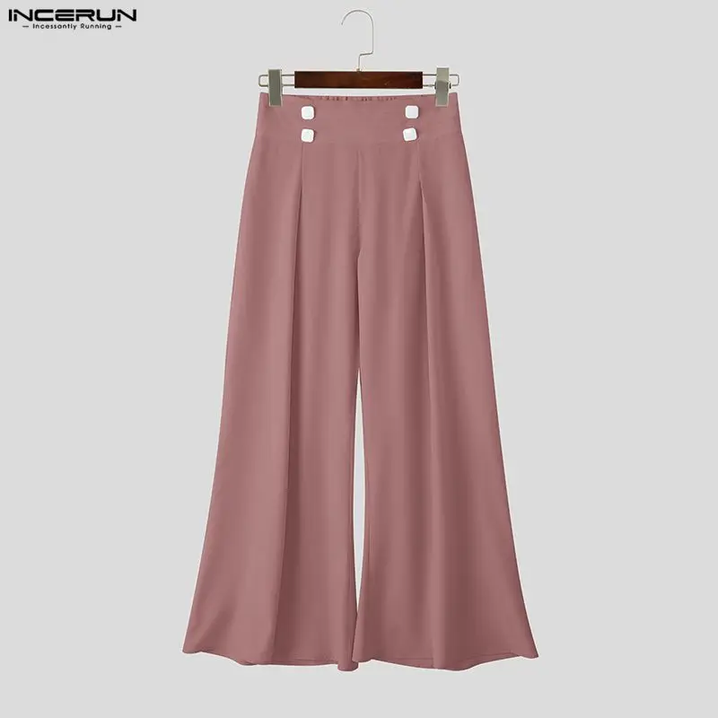 

INCERUN Men Wide Leg Pants Solid Color Button High Waist Trousers Men Streetwear Loose 2026 Fashion Casual Male Long Pants S-5XL