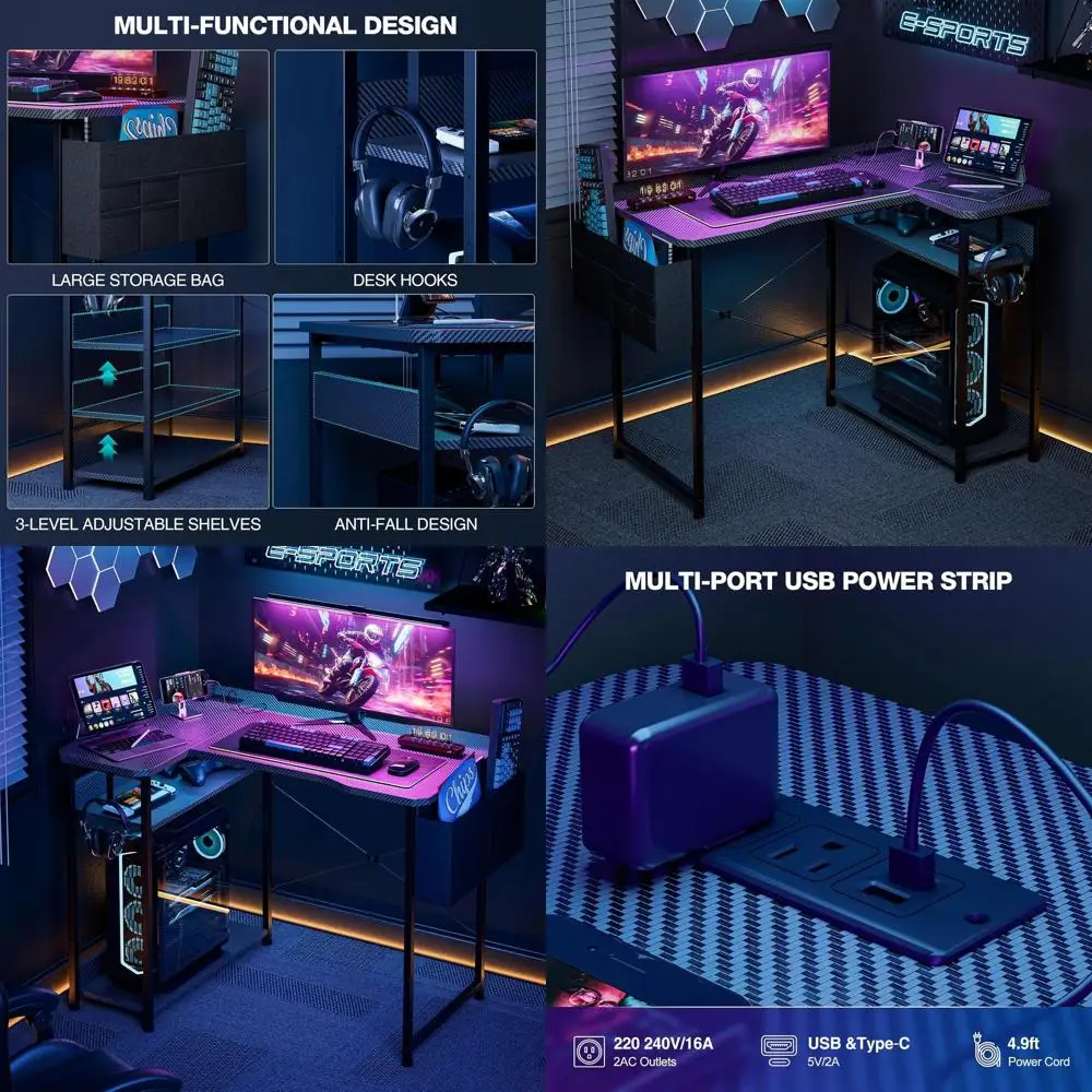 

55-дюймовый игровой стол L-образной формы с розетками, двусторонними полками, хранилищем для домашнего офиса и игровых ПК, черный карбон