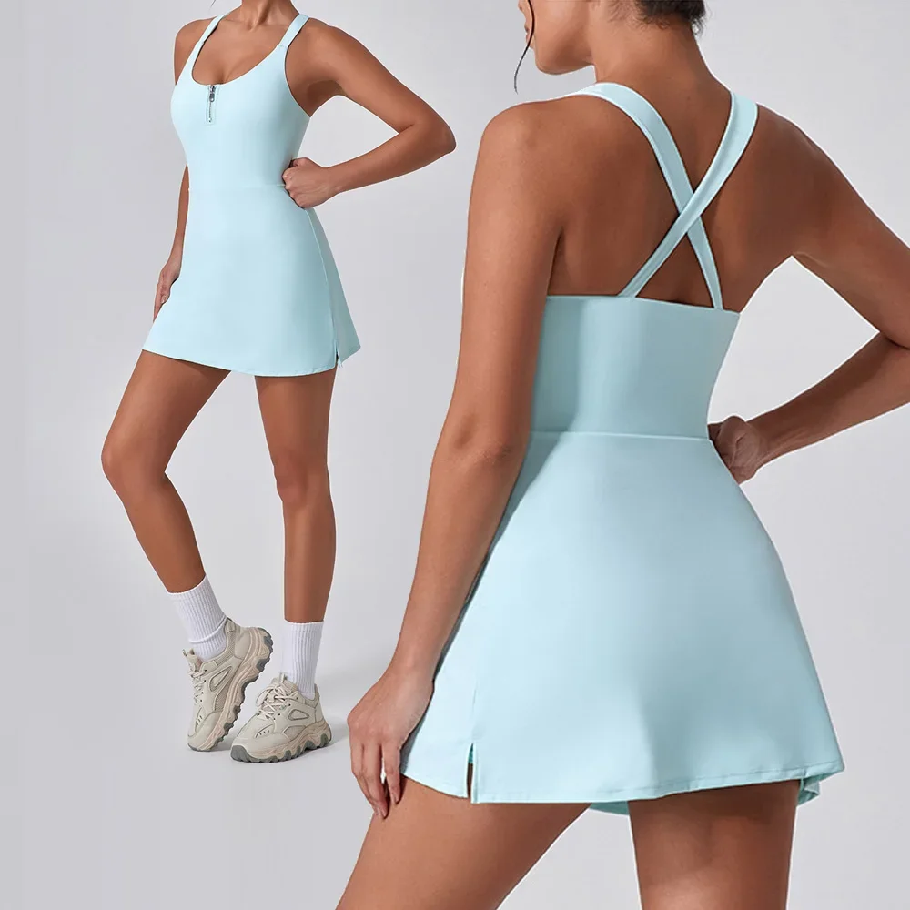 New Anti-Glare Bottom Sports Zipper Dress Women Golf Dress with Shorts and Pockets Outdoor Fitness Tennis Dresses Workout Dresse