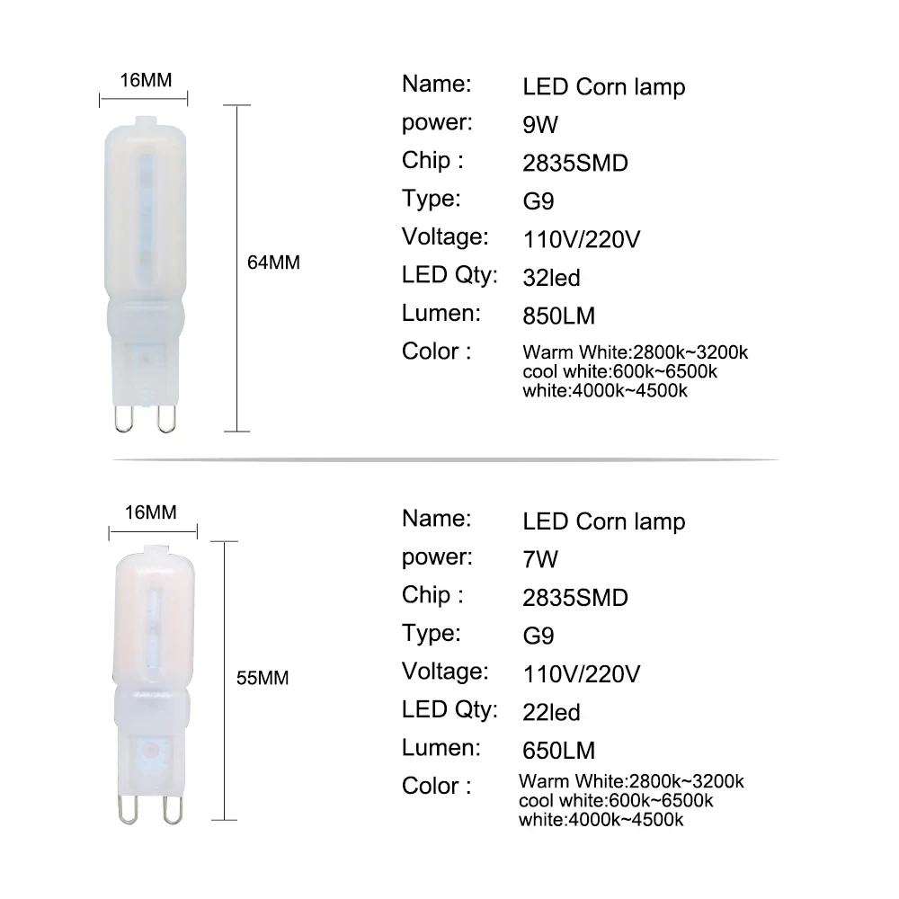 Лампочка-кукуруза, G9, 110 В, 220 В, SMD2835