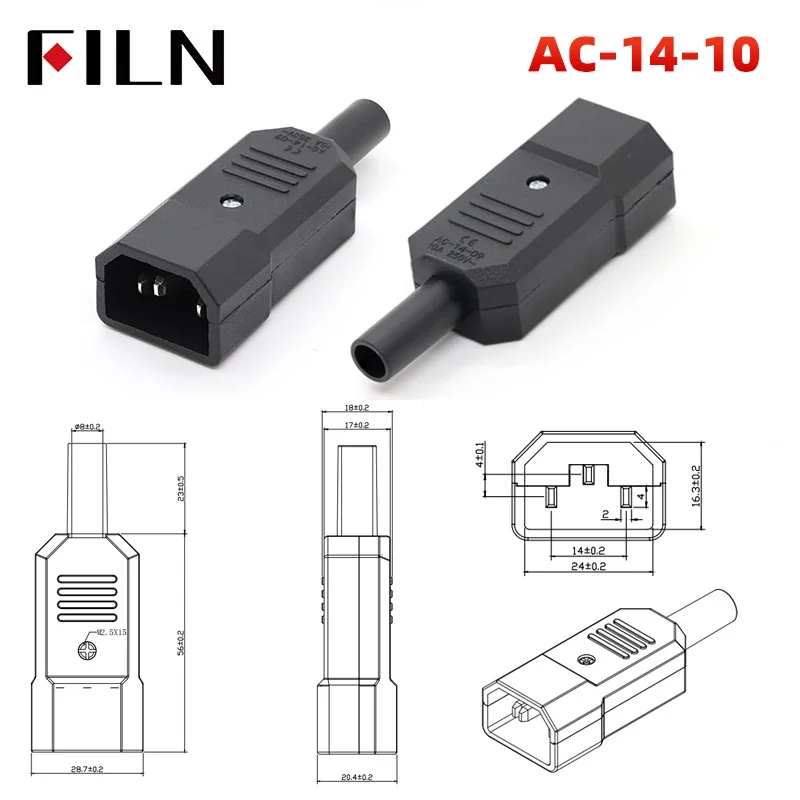 FILN IEC320 3 Pin Red LED 250V Rocker Switch 10A Fuse Female Male Inlet Plug Connector 2 Pin Socket Mount Electrical AC Socket