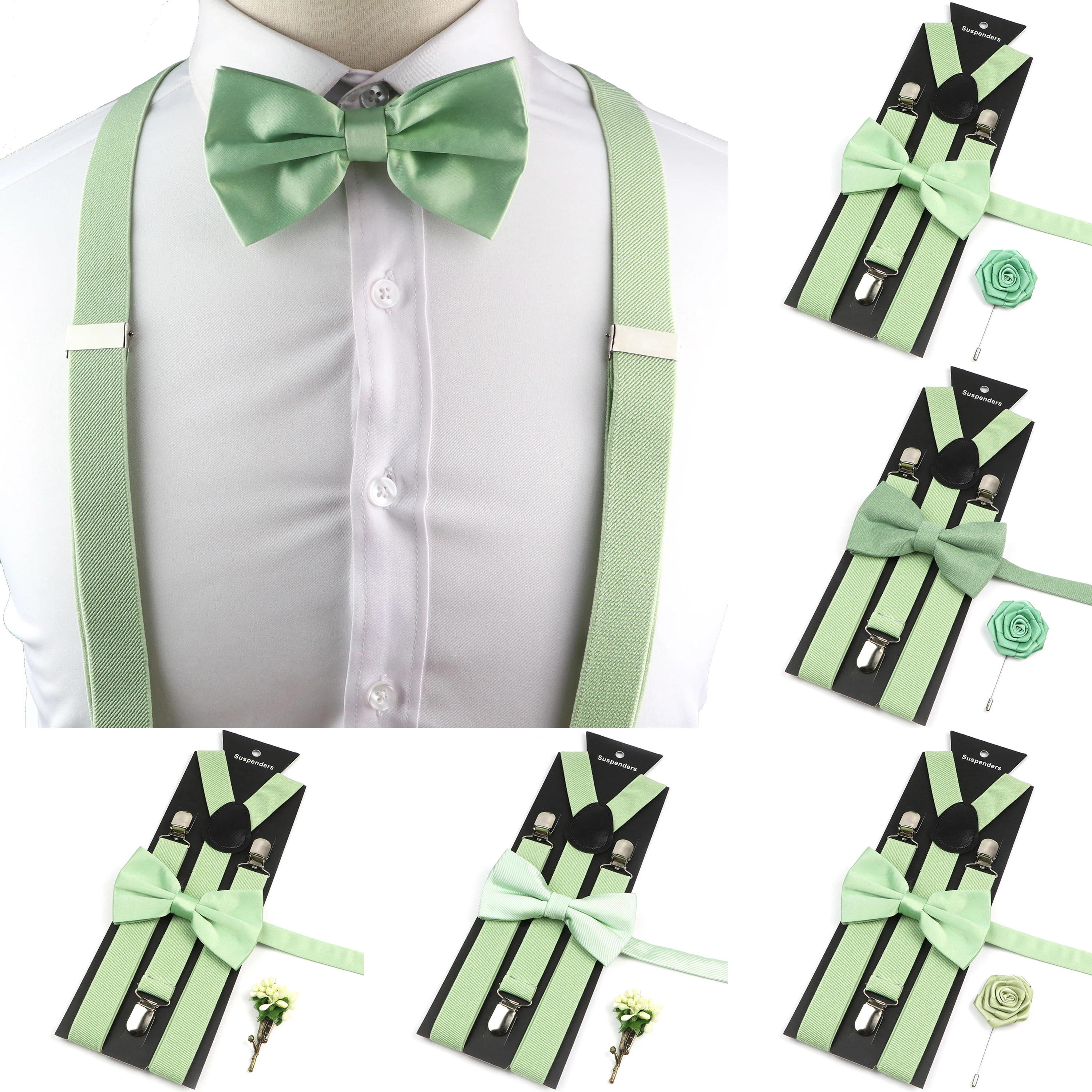 Novalty Salie Groene Bretels Bowtie Set Voor Mannen Vrouwen Kinderen Romatisch Bruiloftsfeest Elastische Y-Back Bandjes Broek Shirt Accessoire