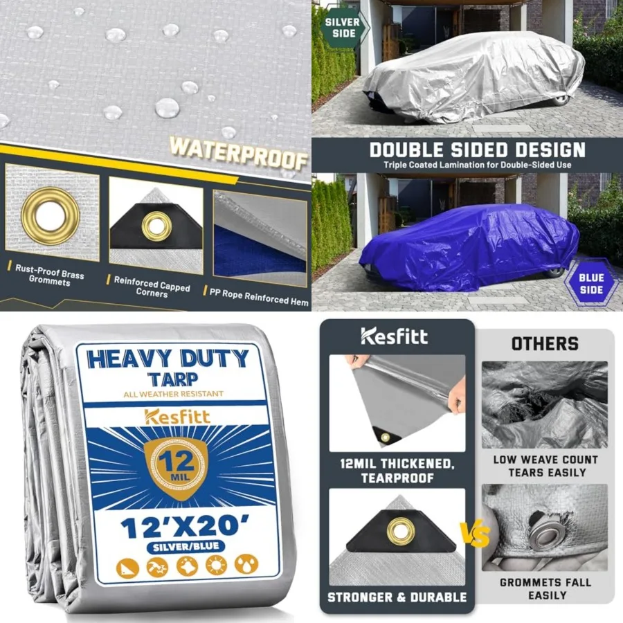 

12 Mil Heavy Duty Waterproof Tarp with Metal Grommets,,Silver and Blue Reversible Poly Tarp for Outdoor Protection, Yard, Works