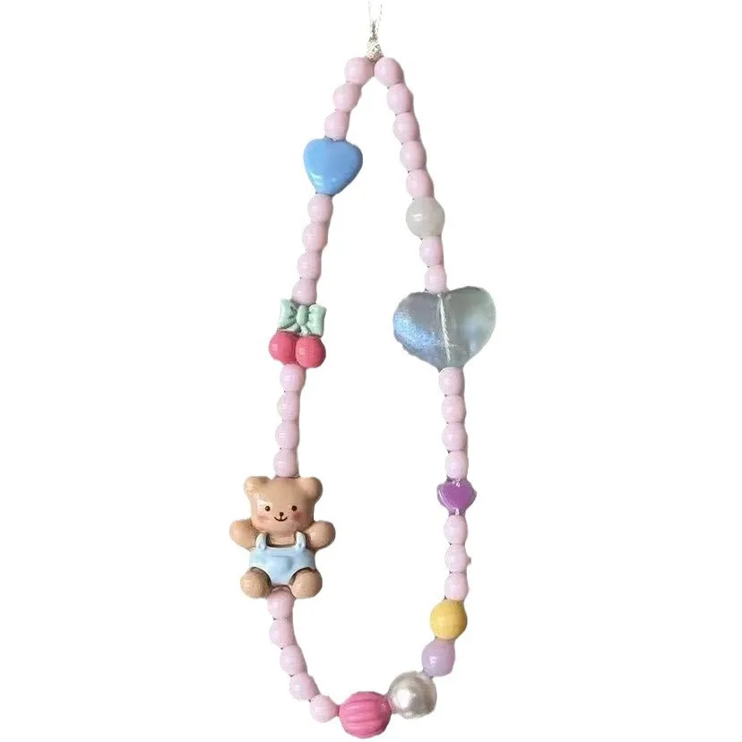 Original cute bear mobile phone chain small fresh girly heart ins pink cherry heart beads cellhone Lanyard