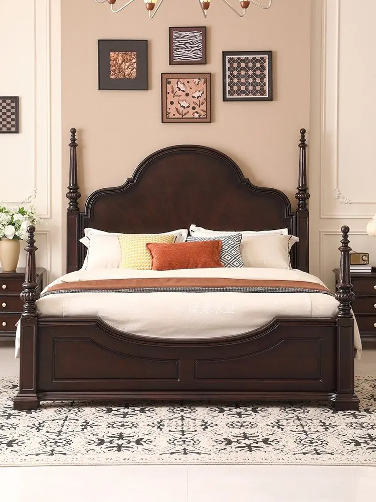 

# Solid Wood Four-Poster Bed with Curved Arched Headboard & Carved Details, Dark Walnut Finish for Master Bedroom
