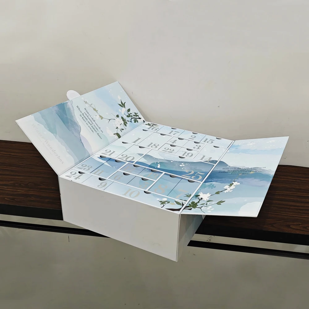 Customized queryLuxury Double-Door Rigid Gift Box Custom Blue Cardboard Countdown Christmas Advent Calendar Beauty Box Logo Recy